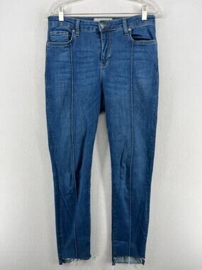 FREE PEOPLE Jeans 31 Seamed Skinny Leg Raw Fringed Hem Stretch Cotton Denim Blue